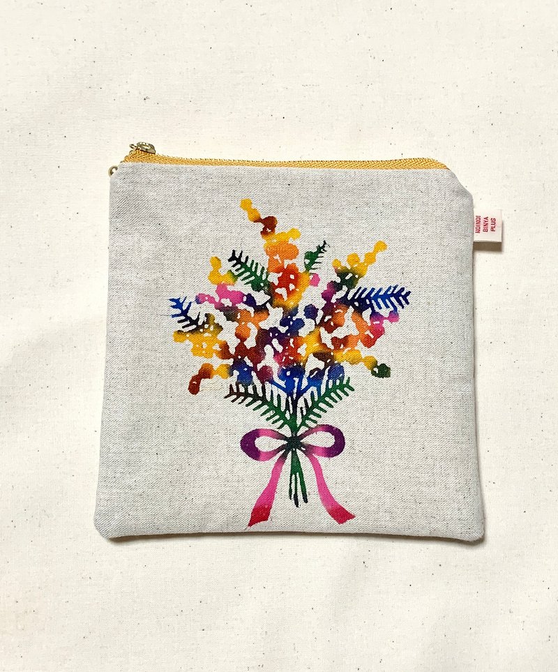 Hand-dyed bingata/mimosa bouquet square pouch/pink ribbon [Free shipping within Japan] [Please refer to shipping charges outside of Japan] - Toiletry Bags & Pouches - Cotton & Hemp Orange