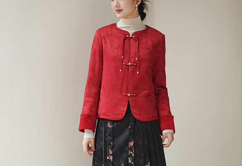 New Chinese style winter buckle red New Year shirt Chinese style Tang suit cotton coat small jacket - Women's Tops - Other Materials Red