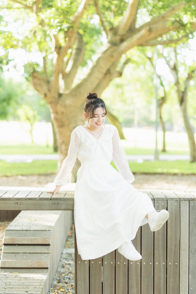 復古點點紗連身裙 - 洋裝/連身裙 - 其他材質 白色