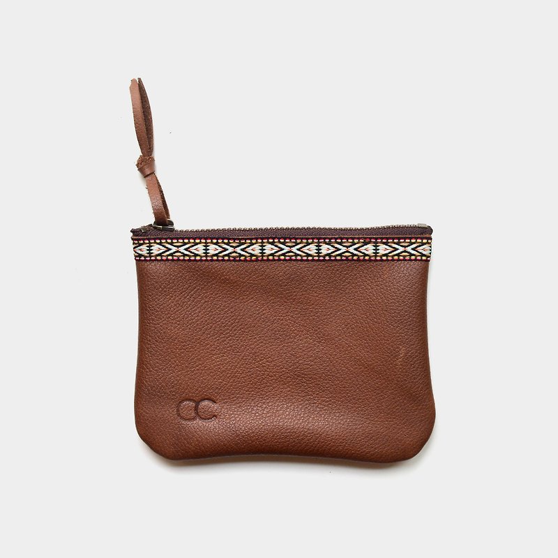 [Hippie's Survival Chips] Cowhide coin purse, brown leather wallet, folk custom ethnic style can put leisure card, credit card, business card, car key, custom lettering as a gift - กระเป๋าใส่เหรียญ - หนังแท้ สีนำ้ตาล