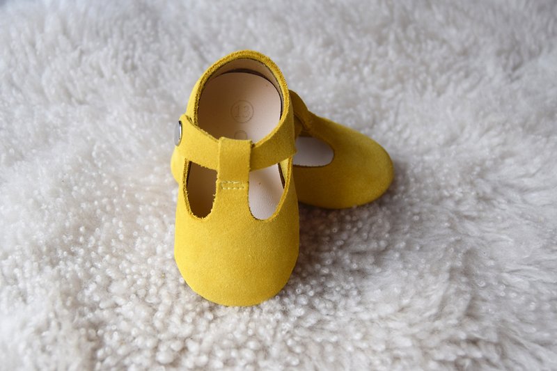 Mustard Yellow Baby Mary Jane, Leather T-Strap Mary Jane, Baby Girl Moccasins - รองเท้าเด็ก - หนังแท้ สีเหลือง