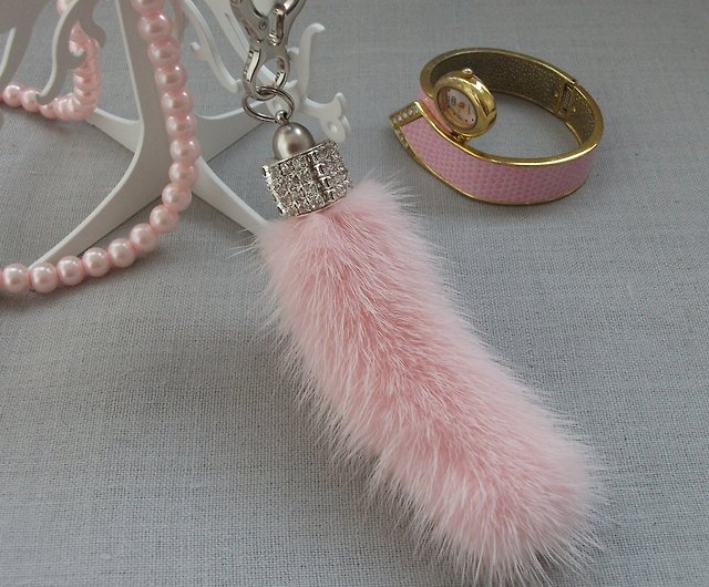 Pink mink tail keychain for keys or bags - Shop BROSHKI-KROSHKI