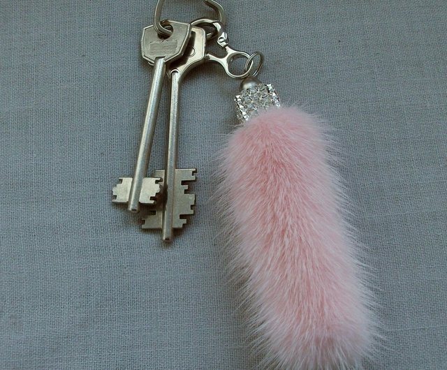 Pink mink tail keychain for keys or bags - Shop BROSHKI-KROSHKI