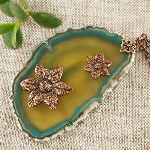 AGATIX Olive Green Agate Slice Slab Stone Copper Flower Floral Pendant Necklace Jewelry