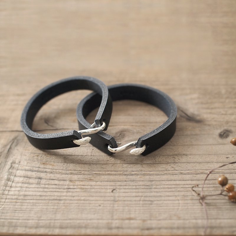 2 pieces set / Black) Snake hook leather pair bracelet - Bracelets - Genuine Leather Black