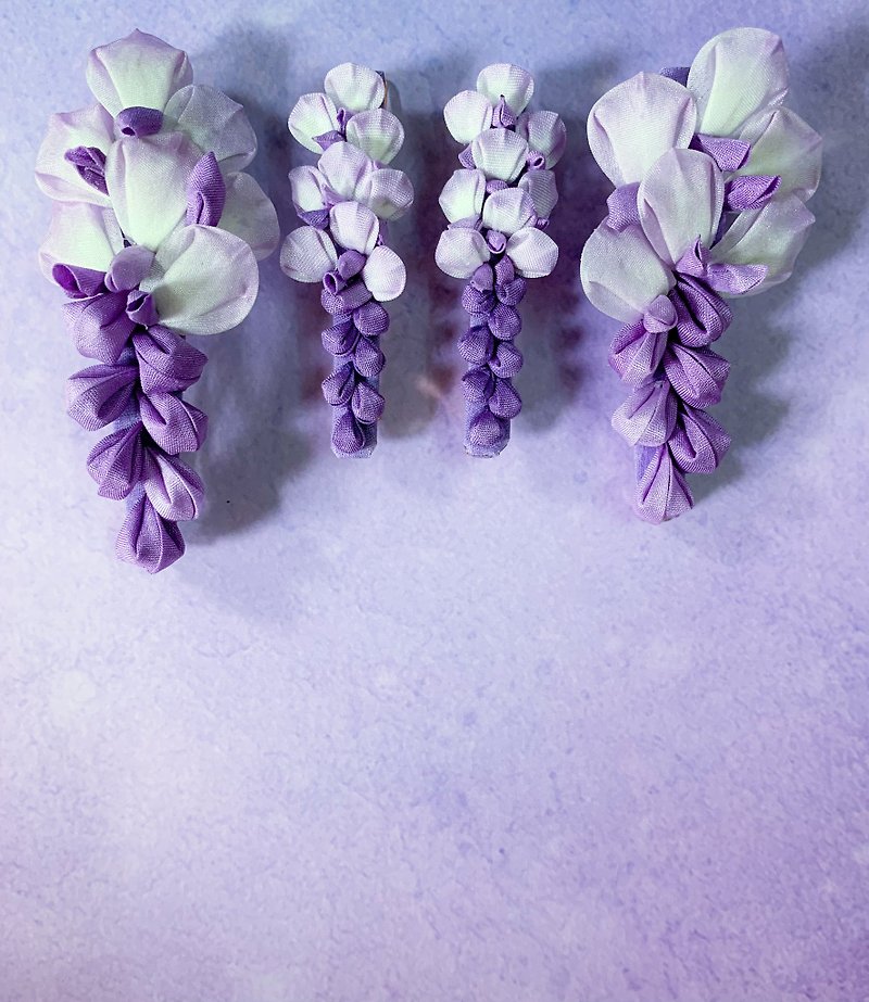 (紫藤藤の花) Fine work cloth flower curtain horsetail button purple elegant つまみ工工 - Hair Accessories - Cotton & Hemp Purple