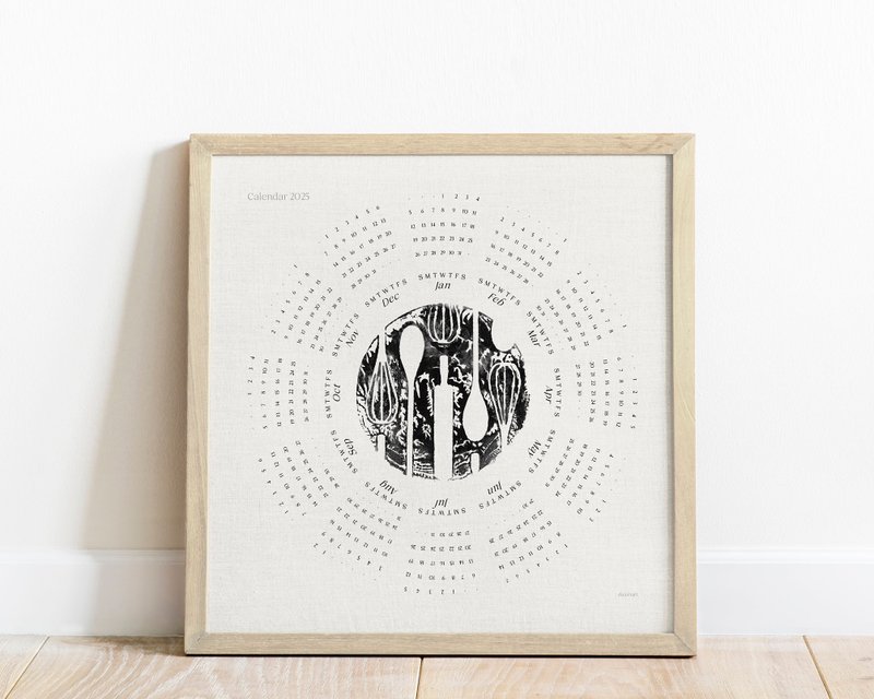 Black Beige Vintage 2025 Printable Calendar with Cooking Utensils Monotype Print - 其他數位設計 - 其他材質 