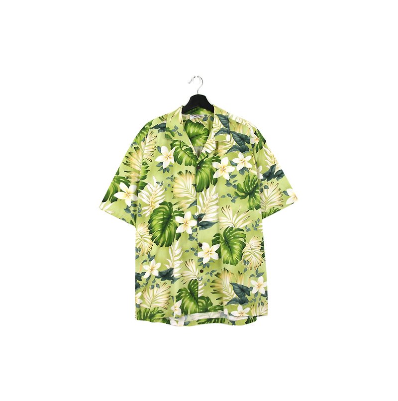Back to Green:: Green Leaf White Flowers // Men and Women Wearable //vintage Hawaii Shirts - Men's Shirts - Cotton & Hemp 
