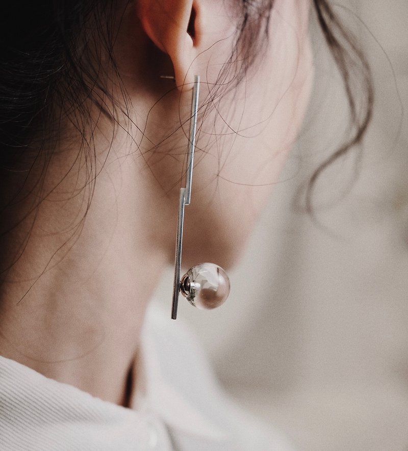CLEAR QUARTZ BALL LONG BAR EARRING – STERLING SILVER (SINGLE) - Earrings & Clip-ons - Gemstone Silver