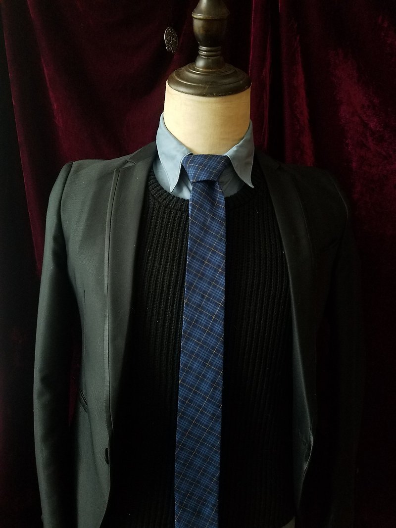 藍色格子領帶復古艺文領帶 - 領帶/領帶夾 - 棉．麻 藍色