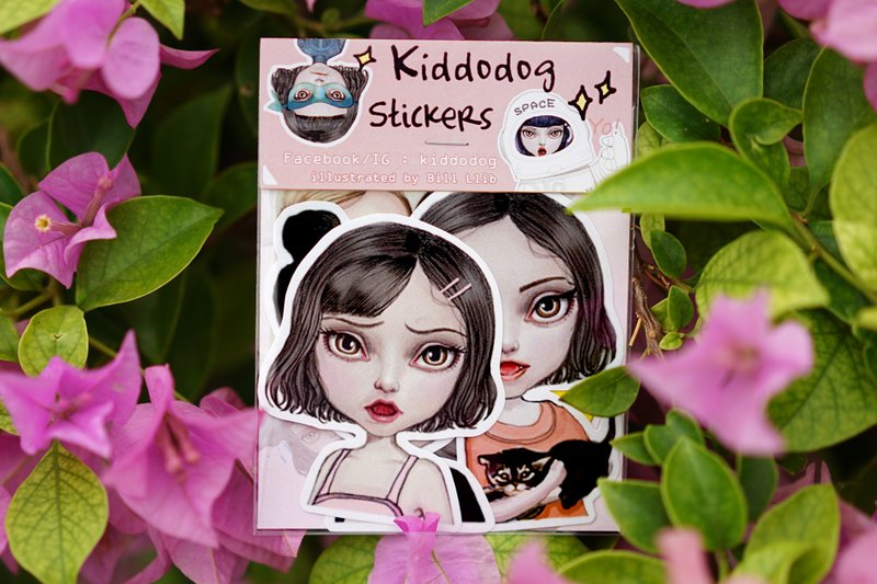 Kiddodog sticker pack - Set of 6 - Sweet girl Character - Cute stickers - Pink - Love - Couple - Moon - Panda - Cat - Terminator - Night - child. - 貼紙 - 紙 