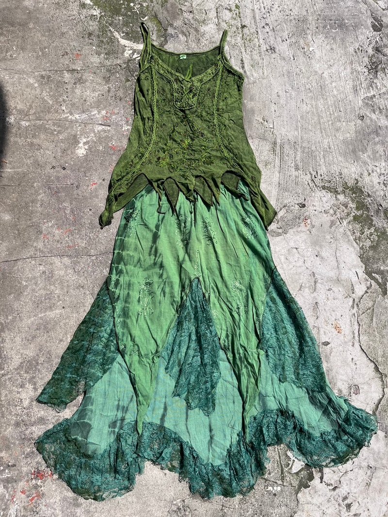 喜迎瑤 尼泊爾 植物染 刺繡背心 蕾絲拼接裙 長裙 民族風 嬉皮 - 裙子/長裙 - 棉．麻 綠色
