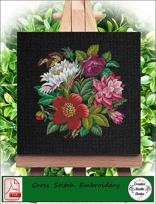 CreativeStudioElenka Vintage Cross Stitch Scheme Victroian bouquet of flowers - PDF Embroidery Scheme