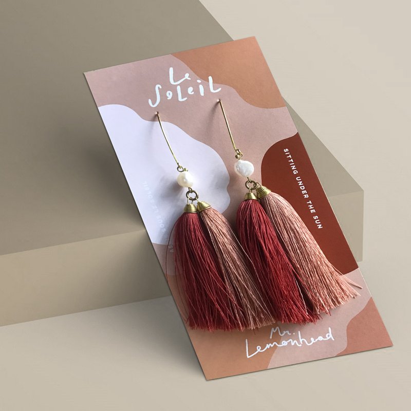 Tassel earrings red and old rose with real pearl - 耳環/耳夾/耳骨夾 - 繡線 橘色
