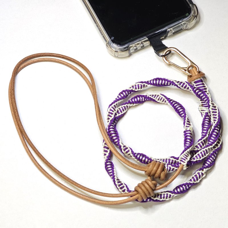 purple with beige mobile rope, adjustable neck/rope dual-use-2 - เชือก/สายคล้อง - หนังแท้ สีม่วง