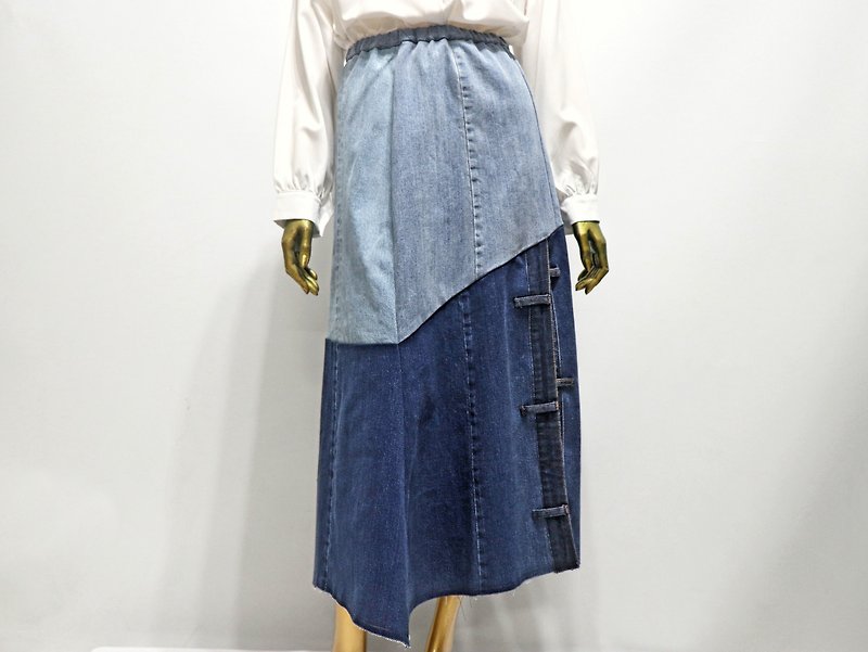 Spliced ​​split denim maxi skirt - กระโปรง - ผ้าฝ้าย/ผ้าลินิน 