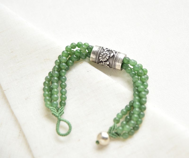 [Haruno] Natural Hetian Jade Jasper Hand-carved Old Silver Bracelet - Bracelets - Jade Green