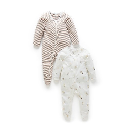 Purebaby有機棉 澳洲Purebaby有機棉嬰兒包腳連身衣/新生兒包屁衣 2件組 咖啡條紋