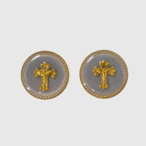 老馬利 手工耳環 | Ornate Cross 古典十字架鈕扣 | 925純銀抗敏
