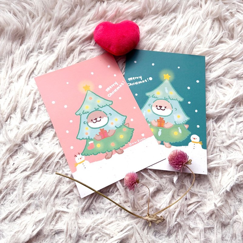 Shine原創可愛獺獺聖誕節明信片卡片2枚入 - 卡片/明信片 - 紙 