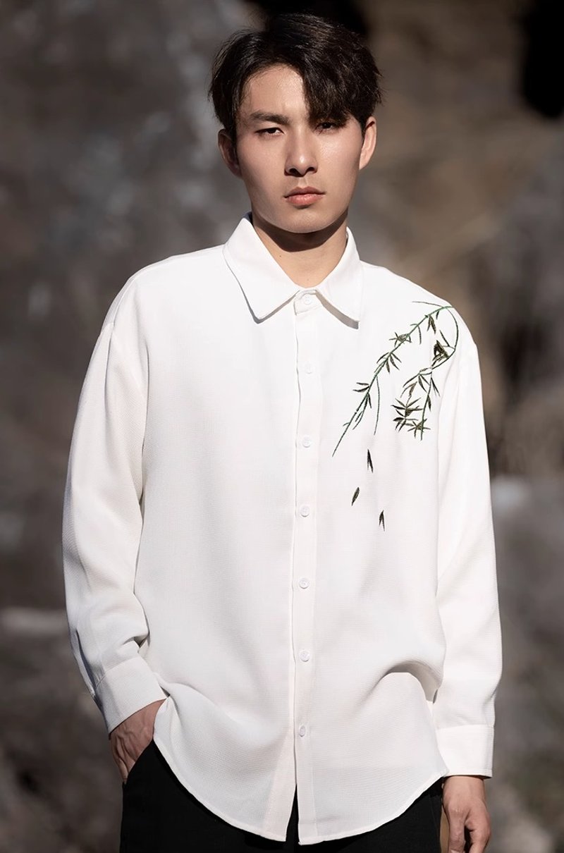 Chinese retro bamboo leaf embroidery Tang suit Chinese style long-sleeved shirt - Men's Shirts - Other Materials White