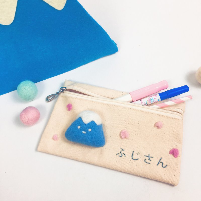 Wool felt Mt. Fuji cherry blossom dot pencil case - กล่องดินสอ/ถุงดินสอ - ขนแกะ สีน้ำเงิน