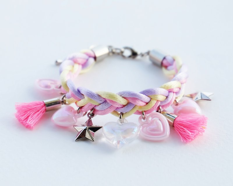 Pink/lilac/yellow braided bracelet with charms - 手鍊/手鐲 - 其他材質 粉紅色