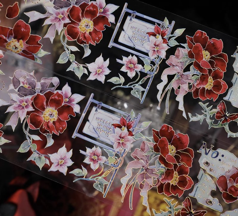 落霞光 復古椿花稿 PET 紙膠帶 鐳射金 鐳射銀 虹光 10米卷 - 紙膠帶/和紙/PET - 其他材質 紅色