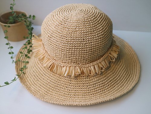 Argin手作工坊 夏日遮陽帽米黃色婦女帽拉菲亞草帽手工勾針鉤針編織活動裝飾帶