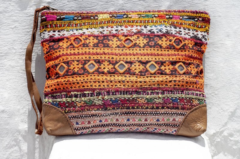 手縫いの本革製小銭入れ/ポーチ/スマホケース/イヤホンケース/化粧ポーチ - インド手刺繍 - ポーチ - 革 多色