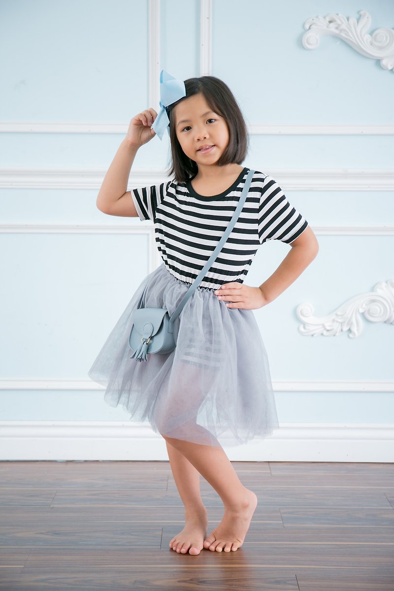 Striped short-sleeved veil dress Dress Tu Tu-Black Stripe - Kids' Dresses - Polyester 