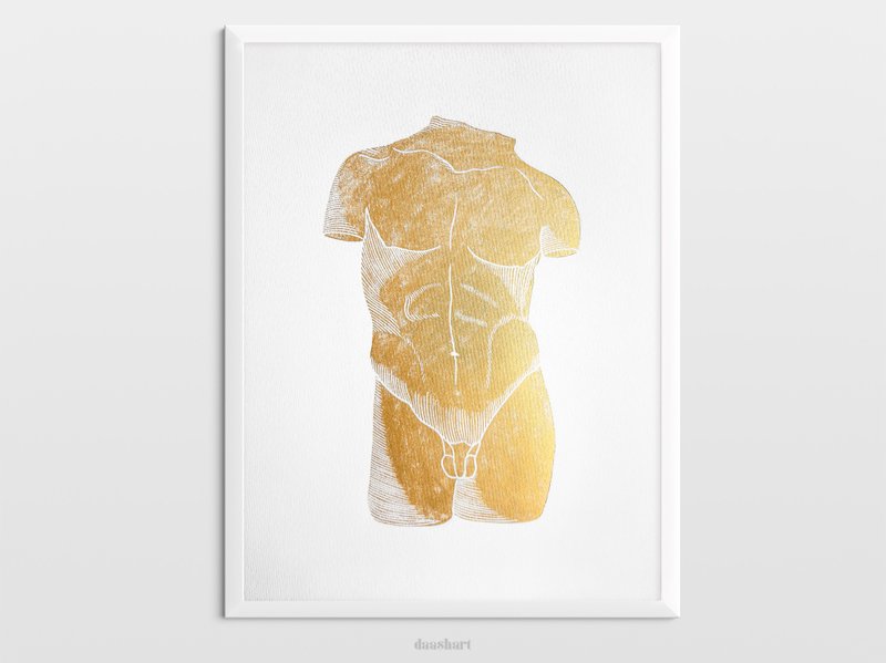 Gold male nude art Linocut print Bust original artwork Housewarming gift - 海報/掛畫/掛布 - 紙 金色
