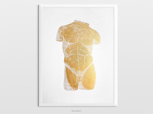 daashart Gold male nude art Linocut print Bust original artwork Housewarming gift