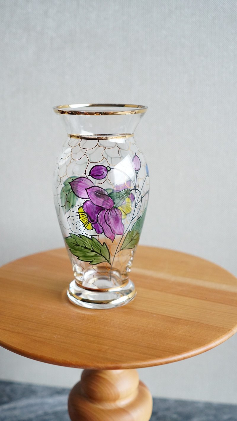 BOHEMIAGLASSスロバキアボヘミアンアンティーク手描きガラスフラワーウェア - 花瓶・植木鉢 - ガラス 透明