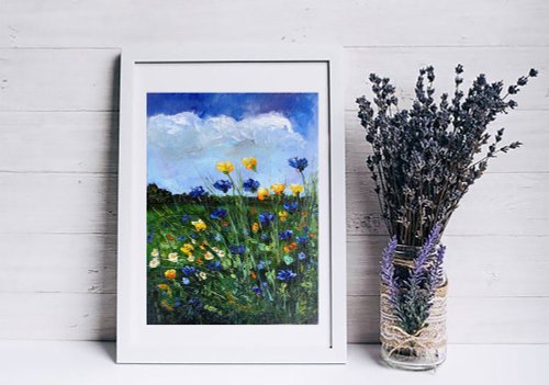 野の花の油絵 草原の油絵 オリジナルアート 油絵原作 風景画