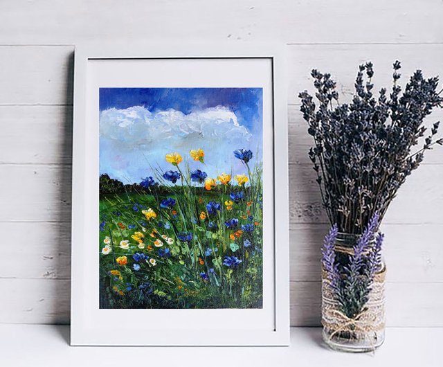 野の花の油絵 草原の油絵 オリジナルアート 油絵原作 風景画