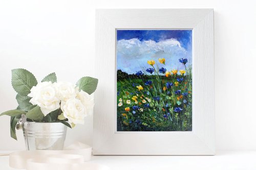 送料無料の商品 野の花の油絵 草原の油絵 オリジナルアート 油絵原作 風景画 絵画