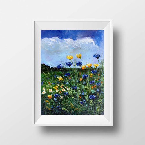 野の花の油絵 草原の油絵 オリジナルアート 油絵原作 風景画