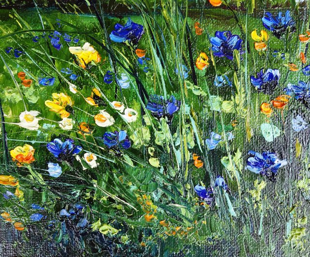 油絵 絵画 【野花の風景】 野の花の油絵 草原の油絵 オリジナルアート 油絵原作 風景画