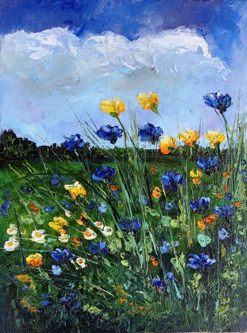 野の花の油絵 草原の油絵 オリジナルアート 油絵原作 風景画