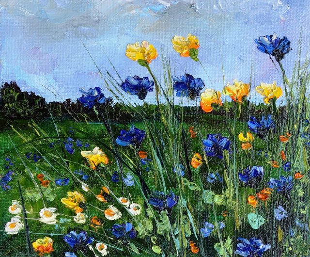 野の花の油絵 草原の油絵 オリジナルアート 油絵原作 風景画