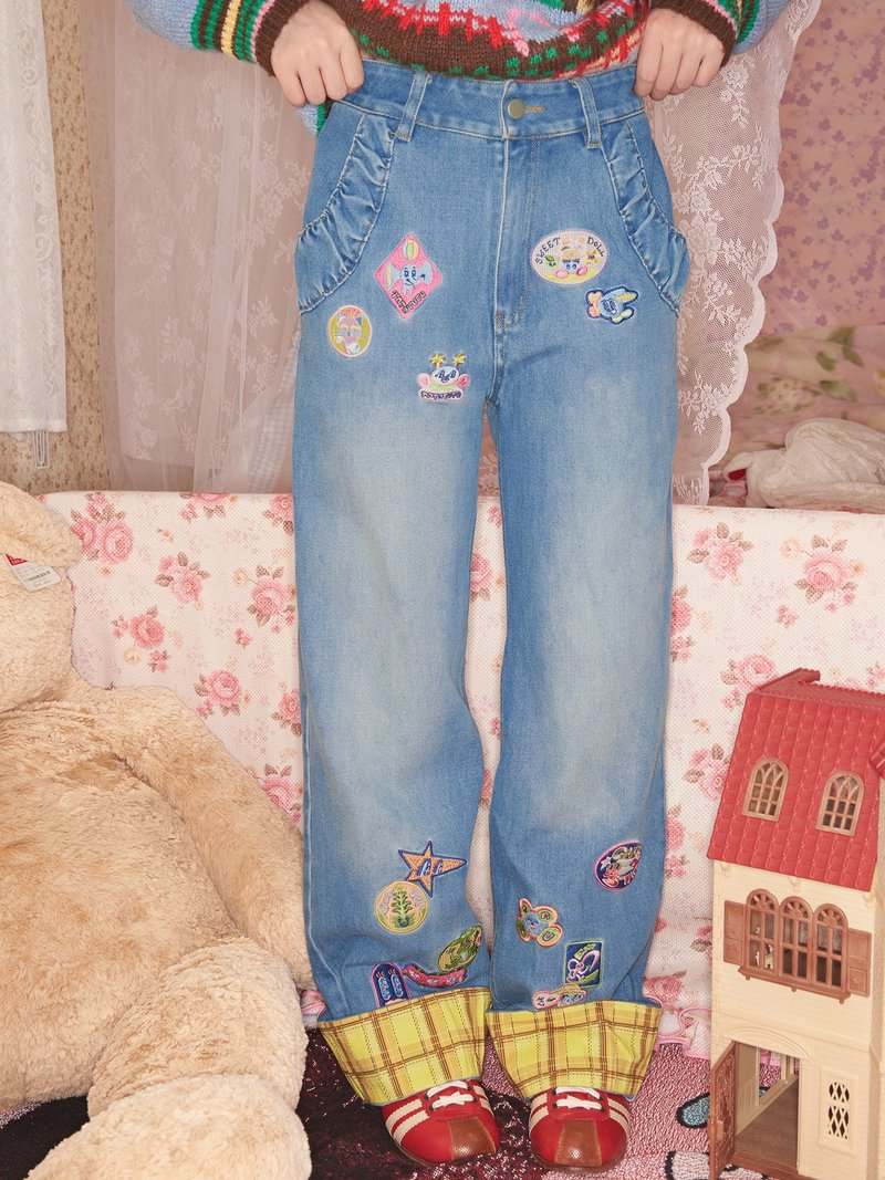 Embroidered Patch Light Blue Denim Straight Loose Long Pants Playful - Women's Pants - Other Materials Multicolor