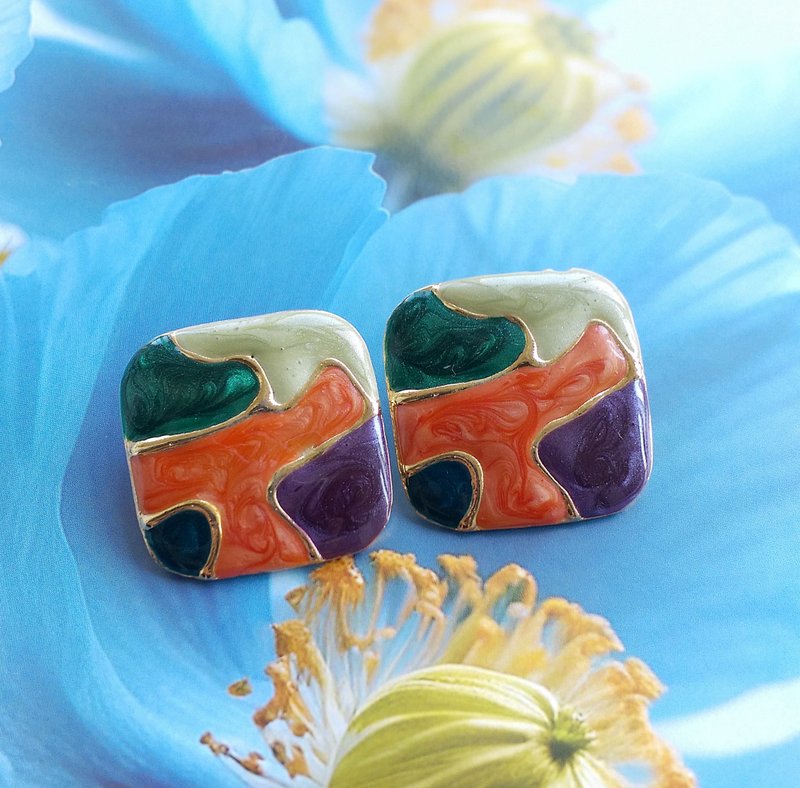 Vintage Jewelry 西洋古董飾品 復古 撞色琺瑯 針式耳環 - 耳環/耳夾/耳骨夾 - 其他金屬 透明