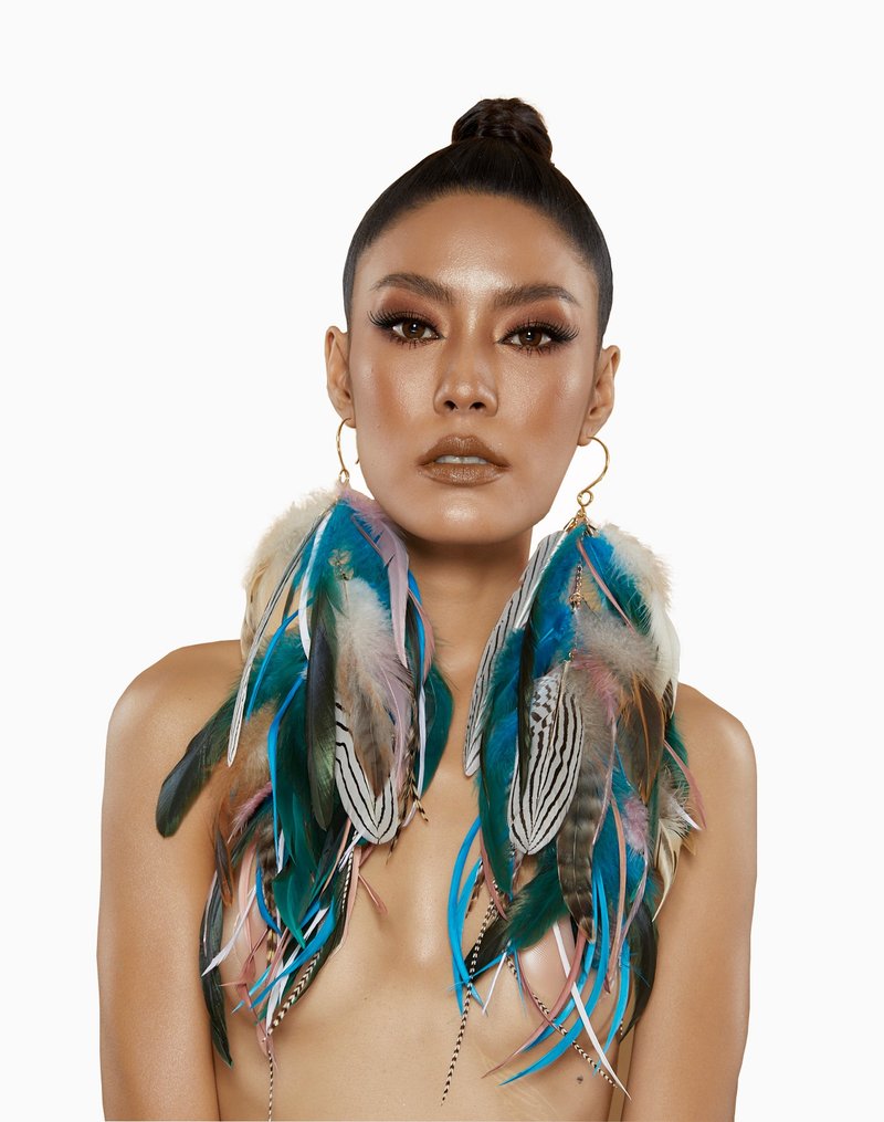 Feather Earrings in natural warm and blue colours, Boho earrings, feathers white - ต่างหู - วัสดุอื่นๆ 