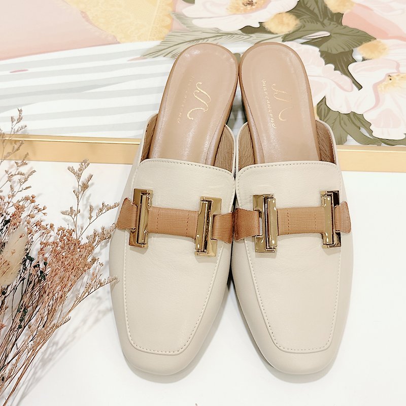 Square Toe H Contrast Sheepskin Mules - Rice - Sandals - Genuine Leather 