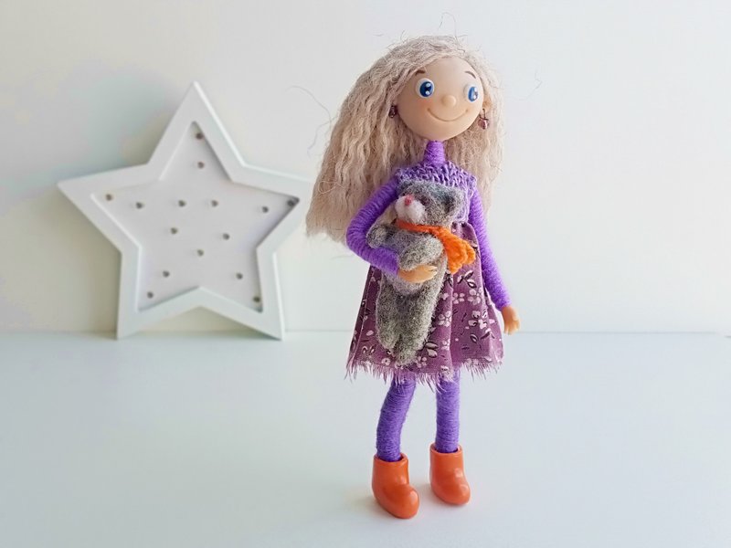 手工制作的内部娃娃与羊毛猫 - 公仔/玩偶 - 其他材質 紫色