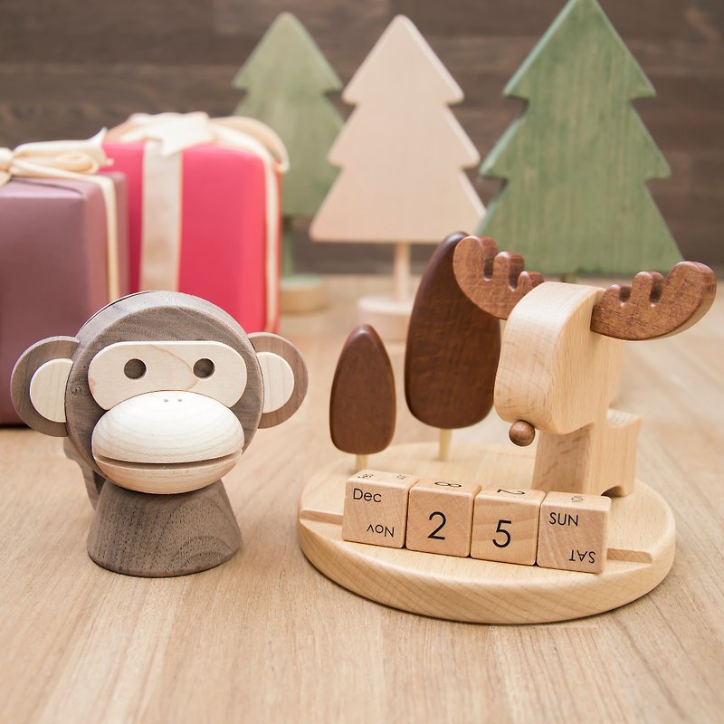 【クリスマスは提示]  - サルはお金良いお金+ヘラジカをかむ・カレンダー - 置物 - 木製 