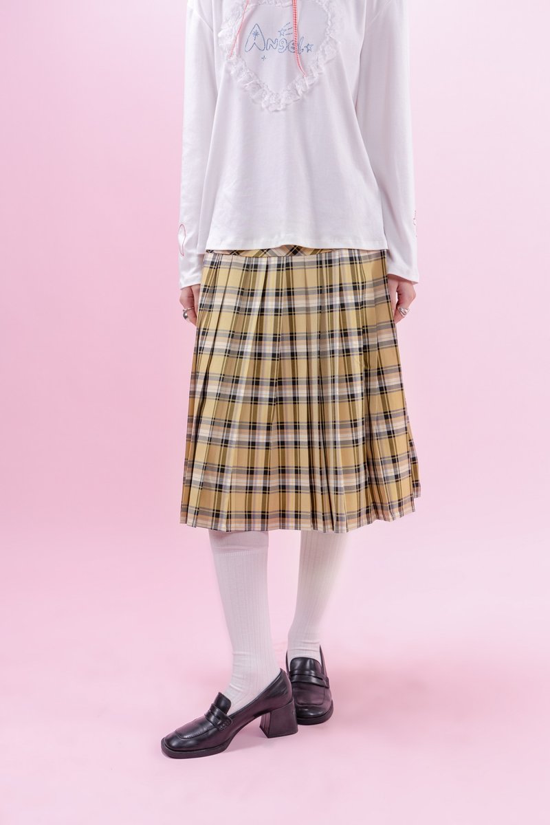 cherrywine Verónica Veronica retro turmeric check mid-length pleated skirt autumn women's - Skirts - Cotton & Hemp Yellow