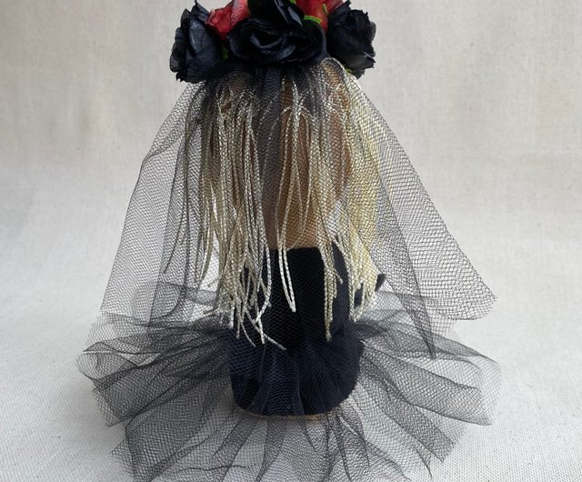 Heread Skull Halloween Headband Veil Black Flower Day and Dead