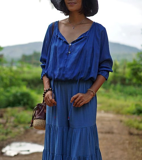 Earthernwear Natural indigo hand dye top for women. Raw silk cotton blue indigo summer top.